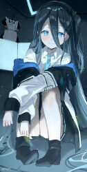 Rule 34 | 1girl, aqua halo, aris (blue archive), blue archive, blue eyes, blue hair, hair between eyes, halo, haruri, highres, long hair between eyes, long sleeves, looking at viewer, necktie, rectangular halo, sitting, smile, solo