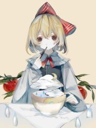 Rule 34 | 1girl, absurdres, apple, black vest, blonde hair, bow, bowl, branch, chinese commentary, chopsticks, cloud, commentary request, crescent moon, eating, food, fruit, hair bow, highres, holding, holding chopsticks, leaf, long sleeves, moon, rain, red bow, rumia, shirt, short hair, simple background, solo, surreal, tassel, touhou, vest, white shirt, zhixie jiaobu