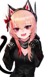Rule 34 | 1girl, alternate headgear, animal ear headphones, animal ears, bad id, bad pixiv id, black jacket, blonde hair, breasts, cat ear headphones, cat tail, cleavage, commentary request, dokomon, eyes visible through hair, fake animal ears, fangs, girls&#039; frontline, hair between eyes, hair ornament, headgear, headphones, highres, hood, hooded jacket, jacket, looking at viewer, m4 sopmod ii (girls&#039; frontline), medium breasts, multicolored hair, open mouth, paw pose, prosthesis, prosthetic arm, red eyes, red hair, simple background, solo, star-shaped pupils, star (symbol), streaked hair, symbol-shaped pupils, tail, upper body, white background, zipper