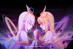 Rule 34 | 2girls, absurdres, artist name, blonde hair, blush, collared dress, cosmic lux, dark cosmic lux, dress, english text, closed eyes, gloves, headpiece, highres, holding hands, league of legends, long hair, looking at another, looking down, lux (league of legends), multiple girls, red eyes, ruan chen yue, smile, white hair, yuri
