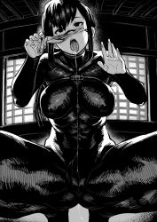 Rule 34 | 1girl, blush, bodysuit, breasts, drooling, greyscale, hair between eyes, highres, ichiren takushou, long hair, looking at viewer, mask lift, medium breasts, mole, mole under eye, monochrome, open mouth, sidelocks, skin tight, solo, tongue, tongue out