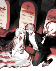 Rule 34 | 1boy, 1girl, absurdres, beer can, bouquet, breasts, bridal veil, can, cleavage, dress, drink can, flower, graveyard, grey eyes, grey hair, highres, holding, holding bouquet, looking at viewer, medium hair, on one knee, original, red eyes, smile, tombstone, tsu (lovesick1964), two (tsu (lovesick1964)), veil, wedding dress