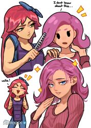 Rule 34 | 2girls, absurdres, artist name, atoroux, blue bow, blue eyes, blush stickers, bow, brushing another&#039;s hair, brushing hair, closed eyes, double thumbs up, english text, green eyes, hair bow, hair brush, highres, long hair, looking at viewer, multiple girls, party girl (terraria), pink hair, red hair, simple background, stylist (terraria), sweater, terraria, thumbs up, white background