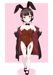 Rule 34 | 1girl, animal ears, black bow, black bowtie, black footwear, black hairband, blunt bangs, blush, bow, bowtie, braid, brown eyes, brown hair, chocolate, chocolate clothes, chocolate covered, chocolate on body, chocolate on breasts, chocolate on pussy, coat, covered navel, detached collar, dot nose, double bun, fake animal ears, female focus, flat chest, food as clothes, food on body, full body, gluteal fold, groin, hair bun, hairband, kantai collection, long sleeves, looking at viewer, nassukun, navel, nontraditional playboy bunny, open clothes, open coat, rabbit ears, shoes, short hair, simple background, smile, solo, standing, traditional bowtie, twin braids, yawata maru (kancolle)