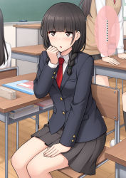 Rule 34 | ..., 3girls, :o, arm support, bad id, bad pixiv id, black jacket, black skirt, blazer, blush, braid, brown eyes, chair, collared shirt, desk, feet out of frame, hair over shoulder, hand up, indoors, jacket, long hair, long sleeves, looking at viewer, mole, mole under eye, multiple girls, nakamura sumikage, necktie, on chair, original, parted lips, pleated skirt, red neckwear, school chair, school desk, school uniform, shirt, sitting, skirt, solo focus, spoken ellipsis, sweat, sweater vest, twin braids, white shirt, wooden floor