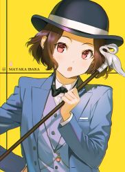 Rule 34 | 1girl, :o, black bow, black hat, black neckwear, blue jacket, blush, bow, brown hair, buttons, cane, character name, collared shirt, commentary request, hat, highres, holding, holding cane, hyouka, ibara mayaka, jacket, long sleeves, looking at viewer, lower teeth only, mery (yangmalgage), open mouth, playing card theme, red eyes, shirt, short hair, solo, teeth, upper body, wing collar, yellow background