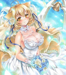 Rule 34 | 1girl, ahoge, animal ears, artist name, at classics, bell, blonde hair, blush, bouquet, breasts, bridal veil, cleavage, closed mouth, covered erect nipples, dress, flower, fox ears, fox tail, gloves, hair flower, hair ornament, holding, holding bouquet, large breasts, looking at viewer, multiple tails, sample watermark, see-through, short hair, sleeveless, smile, solo, tail, touhou, traditional media, veil, watermark, wedding dress, white gloves, yakumo ran, yellow eyes