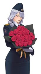 Rule 34 | 1girl, ak-15 (girls&#039; frontline), alternate costume, alternate hairstyle, black jacket, black skirt, blush, bouquet, braid, collar, commentary, cowboy shot, english commentary, flower, fsb, garrison cap, girls&#039; frontline, gloves, grey hair, hair over one eye, hat, highres, holding, holding bouquet, j adsen, jacket, long hair, mixed-language commentary, open mouth, police, police uniform, policewoman, purple eyes, russian commentary, skirt, smile, solo, teeth, transparent background, uniform, upper teeth only, white collar, white gloves