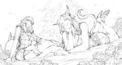 Rule 34 | 2girls, animal ears, warrior of light (ff14), backpack, bag, bandana around thighs, breasts, cat ears, cat tail, cleavage, cloud, commentary, commission, dragon tail, english commentary, facial mark, final fantasy, final fantasy xiv, flower, g studio, greyscale, highres, horns, long hair, lying, medium breasts, miqo&#039;te, monochrome, multiple girls, on stomach, one eye closed, outdoors, scales, shirt, sitting, tail, whisker markings