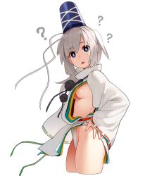 Rule 34 | 1girl, ?, breasts, bright pupils, contrapposto, cowboy shot, cropped legs, from side, fundoshi, go robots, hand on own hip, hat, head tilt, highres, japanese clothes, large areolae, long hair, looking at viewer, mononobe no futo, open mouth, pom pom (clothes), ponytail, purple eyes, revealing clothes, ribbon, sideboob, silver hair, simple background, small breasts, solo, standing, thighs, touhou, white background, wide sleeves