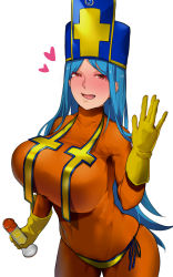 Rule 34 | 1girl, aqua hair, bakkanki, blush, bodysuit, breasts, cross, dragon quest, dragon quest iii, gloves, hat, highres, huge breasts, long hair, looking at viewer, lube, lube bottle, mitre, open mouth, orange bodysuit, panties over clothes, priest (dq3), red eyes, simple background, skin tight, smile, solo, tabard, white background