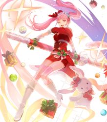 Rule 34 | 1girl, alternate costume, belt pouch, boots, box, breasts, candy, candy cane, christmas ornaments, dress, female focus, fire emblem, fire emblem: three houses, fire emblem heroes, food, fur collar, fur trim, gift, gift box, gloves, hair ornament, hairband, hakou (barasensou), high heel boots, high heels, highres, hilda valentine goneril, holding, long hair, looking at viewer, matching hair/eyes, medium breasts, nintendo, official alternate costume, official art, one eye closed, open mouth, pink eyes, pink hair, pouch, red dress, short dress, short sleeves, smile, solo, sparkle, striped clothes, striped thighhighs, stuffed animal, stuffed toy, thighhighs, transparent background, twintails, vertical-striped clothes, vertical-striped thighhighs, white footwear, white gloves, wink, zettai ryouiki