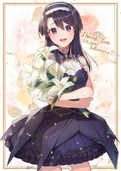 Rule 34 | 1girl, :d, bare arms, bare shoulders, black dress, black hair, black hairband, bouquet, breasts, commentary request, dress, floral background, flower, frilled dress, frilled hairband, frills, hair between eyes, hairband, highres, hu kotora, lily (flower), long hair, looking at viewer, medium breasts, milestone celebration, hugging object, open mouth, original, purple eyes, shirt, sleeveless, sleeveless shirt, smile, solo, strapless, strapless dress, teeth, thank you, upper teeth only, white shirt