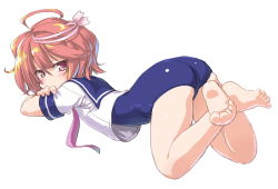 Rule 34 | 10s, 1girl, ahoge, ass, bad feet, blue one-piece swimsuit, blush, crossed arms, dd (ijigendd), full body, hair ornament, i-58 (kancolle), kantai collection, one-piece swimsuit, pink eyes, pink hair, school swimsuit, school uniform, serafuku, short hair, short sleeves, simple background, solo, swimsuit, swimsuit under clothes, white background