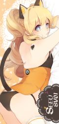 Rule 34 | 1girl, :3, animal ears, ass, back, bad id, bad pixiv id, bare shoulders, blonde hair, blue eyes, cat ears, cat tail, cowboy shot, curly hair, dakimakura (medium), elreyiens, flat chest, highres, kemonomimi mode, long hair, looking back, no pants, ponytail, power symbol, seeu, solo, tail, thighhighs, vocaloid, white thighhighs