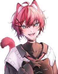 Rule 34 | 1boy, ahoge, animal ears, bishounen, black choker, black gloves, blush, cat boy, cat ears, cat tail, choker, collarbone, collared shirt, commentary, creature, english commentary, fangs, gloves, green eyes, hair between eyes, hair ornament, hairpin, holding, holding creature, holostars, holostars english, kumaaa yay, looking at viewer, machina x flayon, machina x flayon (2nd costume), machiroon (machina x flayon), male focus, multiple hairpins, open mouth, red hair, shirt, short hair, slit pupils, smile, solo, sweater vest, tail, upper body, virtual youtuber, white background