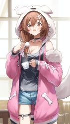 Rule 34 | 1girl, absurdres, animal hood, black choker, black shirt, blue shorts, blurry, blurry background, blush, bone hair ornament, breasts, brown eyes, brown hair, choker, cleavage, clothing cutout, coat, coffee cup, collarbone, commentary, cowboy shot, cup, dated, day, denim, denim shorts, disposable cup, dog hood, fangs, hair between eyes, hair ornament, highres, holding, holding cup, hololive, hood, hood up, hooded coat, hot drink, hz (helu 2), indoors, inugami korone, inugami korone (loungewear), long sleeves, looking at viewer, medium breasts, medium hair, notice lines, o-ring, o-ring choker, o-ring legwear, o-ring thigh strap, official alternate costume, open clothes, open coat, open mouth, pink coat, pom pom (clothes), ponytail, print shirt, shirt, short shorts, shorts, shoulder cutout, signature, skindentation, smile, solo, steam, sunlight, thigh strap, virtual youtuber, window