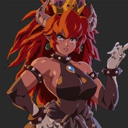Rule 34 | 1girl, anger vein, angryangryd, armlet, armpits, bare shoulders, black dress, blue eyes, bowsette, bracelet, breasts, collar, collarbone, commentary, covered navel, dress, earrings, elbow gloves, english commentary, expressive clothes, fang, gloves, hand on own hip, horns, jewelry, large breasts, lips, long hair, mario (series), narrow waist, new super mario bros. u deluxe, nintendo, parted lips, pointing, pointy ears, red hair, sideboob, sleeveless, sleeveless dress, solo, spiked armlet, spiked bracelet, spiked collar, spiked knuckles, spikes, super crown, thick eyebrows, toned, upper body