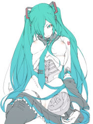 Rule 34 | 1girl, aqua eyes, aqua hair, aqua necktie, black thighhighs, breasts, dated, detached collar, doll joints, hatsune miku, headset, joints, kyo (kuroichigo), long hair, mechanical parts, nail polish, necktie, nipples, no panties, pussy, scar, skeleton, skirt, solo, thighhighs, tie clip, topless, twintails, very long hair, vocaloid, white background
