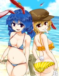 Rule 34 | 3girls, :d, adapted costume, afterimage, animal ears, arm at side, arm behind back, arm up, arms at sides, ass, back, back-to-back, bad id, bad pixiv id, bare arms, bare shoulders, beach, bikini, blonde hair, blue hair, blue sky, breasts, collarbone, cowboy shot, dango, day, dimples of venus, dress, earclip, eating, flat cap, floppy ears, food, gluteal fold, groin, hair between eyes, hat, holding, holding food, jacket, kine, kishin sagume, large breasts, long hair, looking at viewer, looking back, mallet, medium breasts, micro bikini, mouth hold, multiple girls, navel, ocean, open clothes, open jacket, open mouth, outdoors, purple dress, rabbit ears, red eyes, ringo (touhou), seiran (touhou), short hair, shoulder blades, sideboob, single wing, skindentation, sky, smile, stomach, swimsuit, touhou, twintails, upside-down, wagashi, white wings, wings, zetsumame