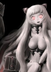 Rule 34 | 10s, 1girl, absurdres, abyssal ship, airfield princess, between legs, black background, breasts, cannon, glowing, glowing eyes, hand between legs, highres, horns, kantai collection, long hair, looking at viewer, open mouth, pale skin, red eyes, silver hair, simple background, sitting, solo, surprised, terawamu, turret, very long hair, wamu (chartreuse), wide-eyed