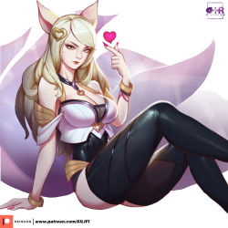 Rule 34 | 1girl, absurdres, ahri (league of legends), animal ears, arm support, artist name, bangle, black thighhighs, blonde hair, bracelet, breasts, choker, cleavage, eyeliner, facial mark, fingernails, fox ears, fox girl, fox tail, heart, highres, idol, jewelry, k/da (league of legends), k/da ahri, large breasts, league of legends, light smile, lips, long fingernails, long hair, looking at viewer, makeup, multiple tails, nail polish, patreon username, pink nails, purple tail, red lips, simple background, sitting, solo, tail, thighhighs, watermark, whisker markings, white background, xili fish, yellow eyes