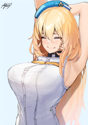 Rule 34 | 1girl, arm up, armpits, atago (kancolle), ayuman, beret, blonde hair, blue hat, breasts, closed eyes, hat, kantai collection, large breasts, long hair, shirt, sleeveless, sleeveless shirt, smile, solo, stretching, upper body, white background, white shirt
