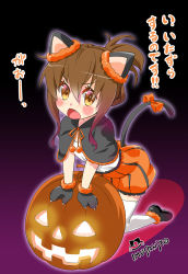 Rule 34 | 10s, 1girl, animal ears, animal hands, brown eyes, brown hair, cat ears, cat paws, cat tail, fang, folded ponytail, gloves, halloween, highres, imu sanjo, inazuma (kancolle), jack-o&#039;-lantern, kantai collection, kemonomimi mode, kneeling, looking at viewer, open mouth, paw gloves, pleated skirt, shoes, skirt, solo, tail, thighhighs, translation request, white thighhighs, zettai ryouiki