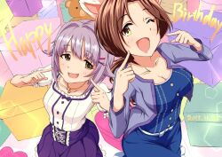 ;d animal_ears asanaya birthday blue_dress box breasts brown_eyes brown_hair cat_ears cleavage dated dress fake_animal_ears gift hair_ornament happy_birthday heart heart-shaped_box idolmaster idolmaster_cinderella_girls jewelry kawashima_mizuki koshimizu_sachiko one_eye_closed open_mouth pink_hair pointing pointing_at_self ponytail shirt skirt smile stuffed_toy white_shirt yellow_eyes