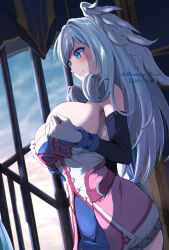Rule 34 | 1girl, absurdres, blue eyes, blush, breasts, dated, detached sleeves, dress, gloves, grey hair, head wings, highres, large breasts, long hair, melia antiqua, mercury xeno, sideboob, strapless, strapless dress, sweat, twitter username, undersized clothes, white gloves, wings, xenoblade chronicles (series), xenoblade chronicles 1, xenoblade chronicles 3