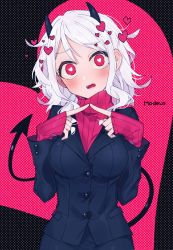 Rule 34 | 1girl, black background, black horns, black suit, blush, breasts, character name, commentary request, demon girl, demon horns, demon tail, fangs, formal, heart, heart-shaped pupils, helltaker, highres, horns, large breasts, long sleeves, looking at viewer, minamiya mia, modeus (helltaker), pink background, red eyes, red sweater, ribbed sweater, solo, suit, sweater, symbol-shaped pupils, tail, turtleneck, white hair