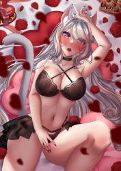 Rule 34 | 1girl, absurdres, animal ear fluff, animal ears, bed, black lingerie, blush, breasts, cat ears, cat girl, cat tail, chocolate, chocolate covered strawberry, highres, indie virtual youtuber, kimipatisserie, large breasts, long hair, looking at viewer, lying, nail polish, navel, necromancer, nekomancer, nekomancervt, persephone, petals, purple eyes, rose petals, solo, surprised, tail, valentines chocolate, virtual youtuber, white hair, witch, yellow eyes