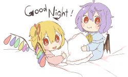 Rule 34 | 2girls, alternate costume, bat wings, bed, blanket, blonde hair, blue nightgown, blush stickers, bright pupils, chibi, citrus (place), closed mouth, commentary, crystal, fang, flandre scarlet, hair between eyes, hair ribbon, looking at viewer, looking back, multiple girls, neckerchief, nightgown, one side up, open mouth, pillow, purple hair, red eyes, red nightgown, red ribbon, remilia scarlet, ribbon, short hair, siblings, sisters, smile, touhou, white pupils, wings, yellow neckerchief