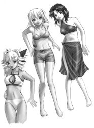 Rule 34 | 1990s (style), 3girls, absurdres, barefoot, bikini, breasts, cleavage cutout, clothing cutout, covered erect nipples, drill hair, elgala, excel, excel saga, fang, greyscale, highres, hyatt, lying, medium breasts, midriff, monochrome, multiple girls, retro artstyle, rikudou koushi, see-through, sketch, small breasts, swimsuit