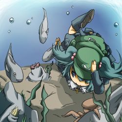 Rule 34 | 1girl, aa hito, aa nin, blue eyes, blue hair, crab, female focus, fish, hair bobbles, hair ornament, hat, kawashiro nitori, key, matching hair/eyes, octopus, solo, touhou, twintails, two side up, underwater
