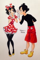 Rule 34 | 1boy, 1girl, :d, black eyes, black hair, black pantyhose, character name, chihiro howe, closed mouth, commentary, couple, disney, double bun, english commentary, eye contact, flat chest, flower, full body, gloves, hair bun, hair ribbon, happy, hetero, highres, holding, holding flower, looking at another, looking to the side, mickey mouse, minnie mouse, open mouth, pantyhose, personification, polka dot, polka dot ribbon, red ribbon, red shorts, ribbon, shoes, short hair, shorts, smile, standing, traditional media, white gloves, yellow footwear