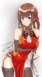 Rule 34 | 1girl, bare shoulders, black thighhighs, blush, breasts, brown hair, brown thighhighs, china dress, chinese clothes, cleavage cutout, closed mouth, clothing cutout, cowboy shot, dated, detached sleeves, dress, dsr-50 (girls&#039; frontline), dsr-50 (red peony) (girls&#039; frontline), flower, framed breasts, garter straps, girls&#039; frontline, groin, hair flower, hair ornament, head tilt, highres, large breasts, leaning forward, long hair, official alternate costume, open mouth, panties, pelvic curtain, red dress, shiny skin, side-tie panties, side slit, sidelocks, signature, simple background, sketch, smile, solo, thighhighs, thighs, toes, twitter username, underwear, unel, very long hair