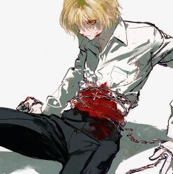 Rule 34 | 1boy, black pants, blonde hair, blood, blood on clothes, chain, chained, collared shirt, huangdanlan, hunter x hunter, kurapika, male focus, on floor, pants, red eyes, shirt, short hair, solo, white background, white shirt