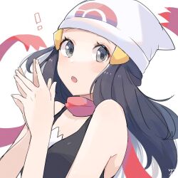 Rule 34 | !, 1girl, :o, beanie, black hair, black shirt, blush, creatures (company), dawn (pokemon), eyelashes, floating scarf, game freak, grey eyes, hair ornament, hairclip, hands up, hat, highres, long hair, looking at viewer, nintendo, open mouth, own hands together, pokemon, pokemon dppt, ririmon, scarf, shirt, simple background, sleeveless, sleeveless shirt, solo, white background, white hat