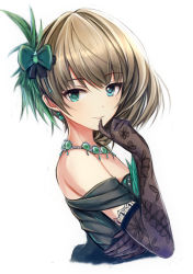 Rule 34 | 1girl, alternate hairstyle, arm across chest, arm up, blue eyes, bow, dress, earrings, elbow gloves, finger to mouth, gloves, green bow, green dress, green eyes, hair between eyes, hair ornament, heterochromia, idolmaster, idolmaster cinderella girls, jewelry, lace, lace-trimmed gloves, lace gloves, lace trim, light brown hair, looking at viewer, mole, mole under eye, nannacy7, necklace, off shoulder, sidelocks, simple background, smile, solo, solo focus, strapless, strapless dress, takagaki kaede, white background