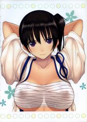 Rule 34 | 10s, 1girl, :|, absurdres, arms up, black hair, breasts, closed mouth, dougi, covered erect nipples, highres, japanese clothes, kaga (kancolle), kamimiya, kantai collection, kimono, large breasts, open clothes, open kimono, purple eyes, sarashi, side ponytail, solo