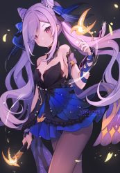 Rule 34 | 1girl, artist name, bare shoulders, black dress, blue dress, blue ribbon, blush, breasts, closed mouth, cone hair bun, cowboy shot, detached collar, detached sleeves, double bun, dress, genshin impact, hair bun, hair ribbon, hand up, highres, holding, holding sword, holding weapon, keqing (genshin impact), keqing (opulent splendor) (genshin impact), long hair, medium breasts, official alternate costume, pantyhose, pink eyes, purple hair, ribbon, smile, solo, standing, strapless, strapless dress, sword, twintails, very long hair, weapon, yenkoes