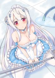 Rule 34 | 1girl, absurdres, alternate costume, apron, azur lane, bare shoulders, blue dress, braid, braided bun, breasts, ccveru, collar, cygnet (an offer to be maid) (azur lane), cygnet (azur lane), cygnet (an offer to be maid) (azur lane), detached collar, double bun, dress, enmaided, frilled apron, frilled dress, frills, from above, hair bun, highres, hose, large breasts, long hair, looking at viewer, looking up, maid, maid apron, mop, red eyes, sleeveless, sleeveless dress, solo, thighhighs, water, white collar, white thighhighs, wrist cuffs