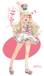 Rule 34 | 1girl, blonde hair, commentary request, dated, dress, eighth note, el (canon jihad), closed eyes, facing viewer, full body, grecale (kancolle), kantai collection, long hair, low-cut armhole, musical note, one-hour drawing challenge, ribbon, sailor collar, sailor dress, sandals, side-tie dress, sleeveless, sleeveless dress, smile, solo, standing, striped, striped neckwear, translation request, twitter username, wavy hair, white background, white dress, white ribbon, white sailor collar