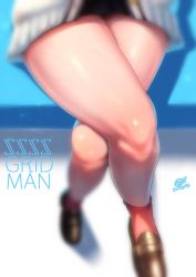 Rule 34 | 10s, 1girl, 2018, bench, blurry, brown footwear, copyright name, crossed legs, dated, depth of field, gridman universe, head out of frame, highres, k.ty (amejin), legs, loafers, lower body, microskirt, red socks, shiny skin, shoes, signature, sitting, skirt, socks, solo, ssss.gridman, takarada rikka, thighs, twitter username
