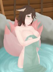 1girl animal_ears brown_hair embarrassed fox_ears fox_girl fox_tail fugue_(honkai:_star_rail) green_eyes holding holding_towel honkai:_star_rail honkai_(series) lipalupa naked_towel nipples onsen shy solo tail tingyun_(honkai:_star_rail) towel water