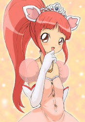 Rule 34 | 00s, 1girl, :d, animal ears, blush, brown eyes, cat ears, elbow gloves, fang, fushigiboshi no futago hime, gloves, heika (artist), heika (heikahp), jewelry, leonne, long hair, looking at viewer, necklace, open mouth, ponytail, red hair, see-through, smile, solo, standing, tiara, white gloves
