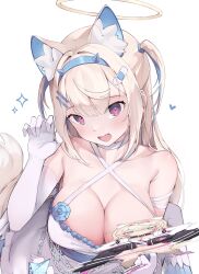 Rule 34 | 1girl, :d, absurdres, animal ear fluff, animal ears, blonde hair, breasts, censored, character censor, clothes pull, dog ears, elbow gloves, fuwawa abyssgard, gloves, hair ornament, hairclip, halo, hand up, highres, hololive, hololive english, large breasts, mococo abyssgard, multicolored hair, namiorii, novelty censor, open mouth, pulled by self, red eyes, shirt pull, smile, solo, streaked hair, white gloves