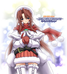Rule 34 | 1girl, aty, aty (summon night), belt, belt skirt, beret, blue eyes, blush, boots, brooch, cape, cross-laced footwear, dress, fur, gloves, hat, jewelry, long hair, looking at viewer, mittens, pink hair, red mittens, red scarf, sack, scarf, smile, snowing, solo, summon night, summon night 3, thigh boots, thighhighs, very long hair, white thighhighs