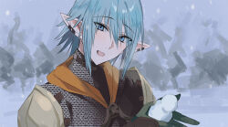 Rule 34 | 1boy, :d, armor, blue eyes, blue hair, chainmail, day, ear piercing, final fantasy, final fantasy xiv, gloves, green gloves, hair between eyes, hands up, haurchefant greystone, head tilt, kinona, male focus, open mouth, outdoors, pauldrons, piercing, pointy ears, shoulder armor, smile, snow, snowing, solo, upper body